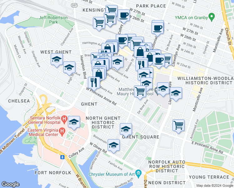 map of restaurants, bars, coffee shops, grocery stores, and more near 622 Maury Avenue in Norfolk