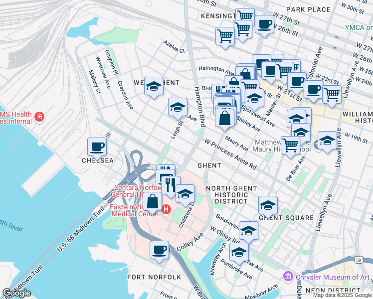 map of restaurants, bars, coffee shops, grocery stores, and more near 1005 Hampton Boulevard in Norfolk