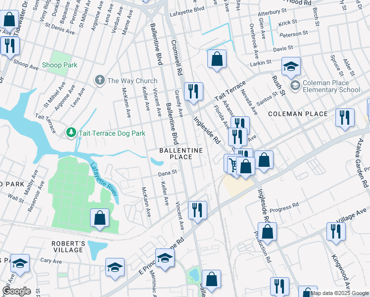 map of restaurants, bars, coffee shops, grocery stores, and more near 2440 Ballentine Boulevard in Norfolk
