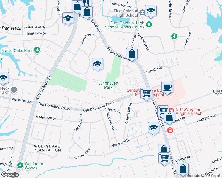map of restaurants, bars, coffee shops, grocery stores, and more near 1243 Bayne Drive in Virginia Beach
