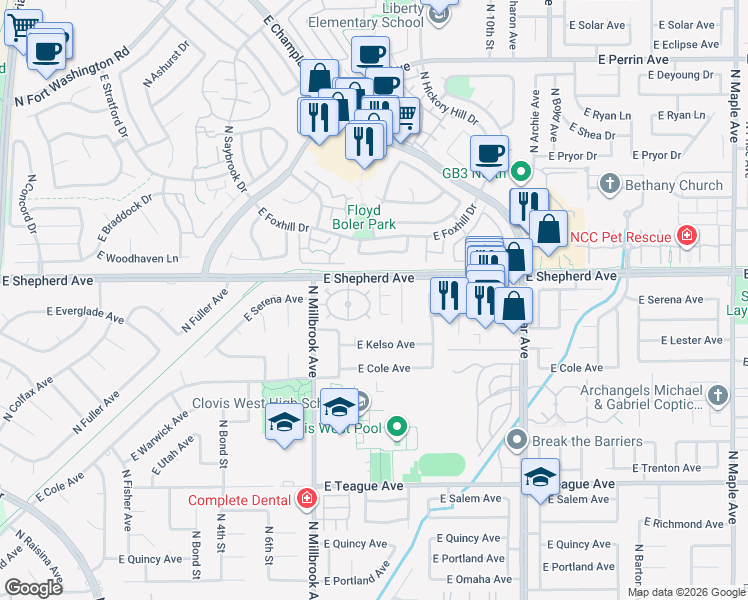 map of restaurants, bars, coffee shops, grocery stores, and more near 1047 East Monticello Circle in Fresno