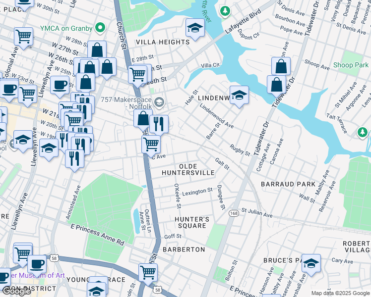 map of restaurants, bars, coffee shops, grocery stores, and more near 870 C Avenue in Norfolk