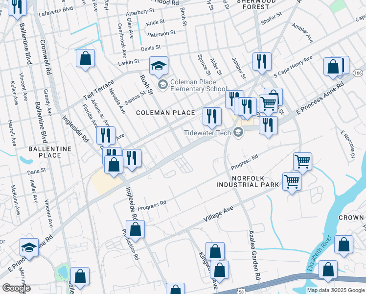 map of restaurants, bars, coffee shops, grocery stores, and more near 3740 East Princess Anne Road in Norfolk
