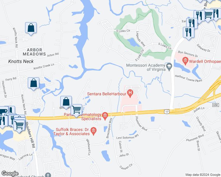 map of restaurants, bars, coffee shops, grocery stores, and more near 5836 Bernhowe Manor Lane in Suffolk