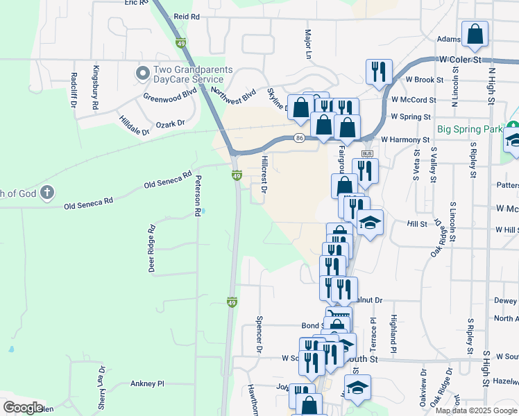 map of restaurants, bars, coffee shops, grocery stores, and more near 253 Hillcrest Drive in Neosho