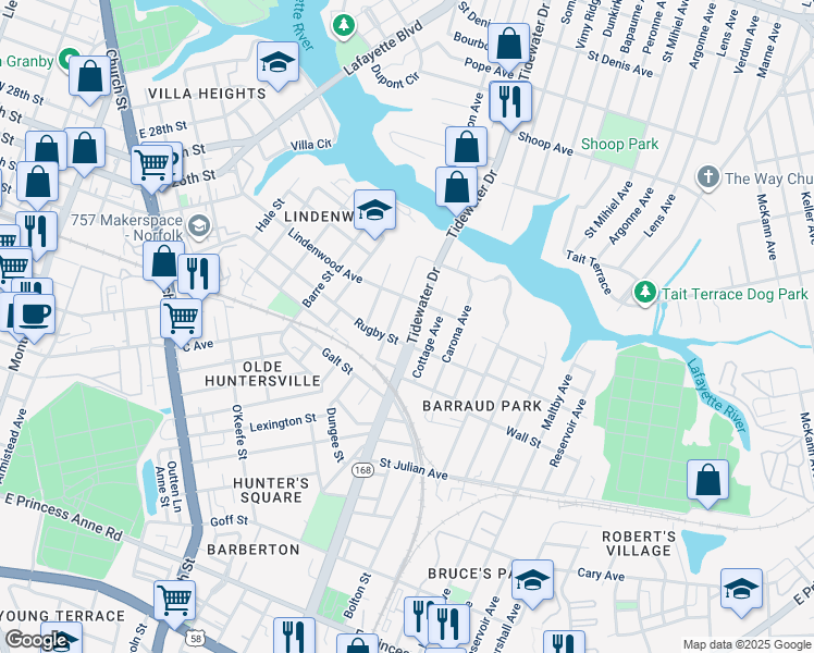map of restaurants, bars, coffee shops, grocery stores, and more near 2411 Tidewater Drive in Norfolk