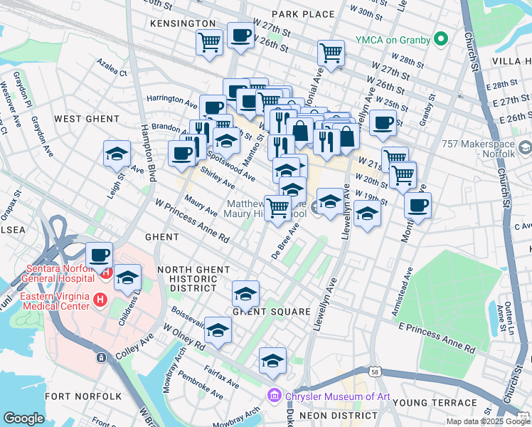 map of restaurants, bars, coffee shops, grocery stores, and more near 1420 Colonial Avenue in Norfolk