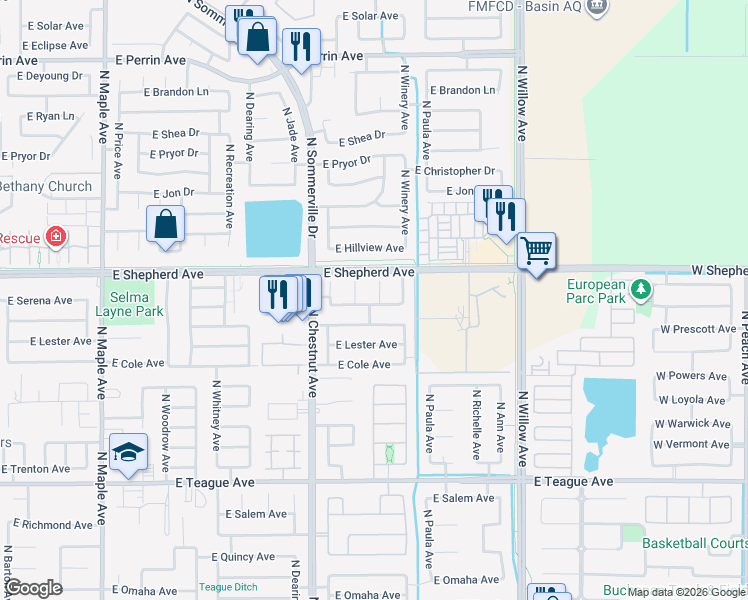 map of restaurants, bars, coffee shops, grocery stores, and more near 8893 North Laureen Avenue in Fresno