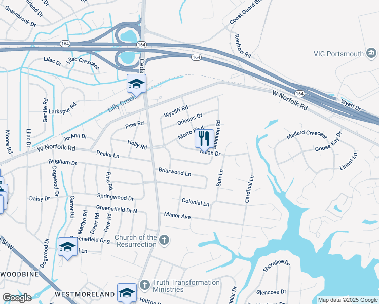 map of restaurants, bars, coffee shops, grocery stores, and more near 4825 Milan Drive in Portsmouth