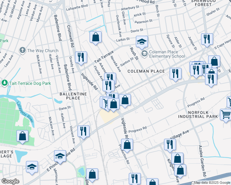 map of restaurants, bars, coffee shops, grocery stores, and more near 2304 Florida Avenue in Norfolk