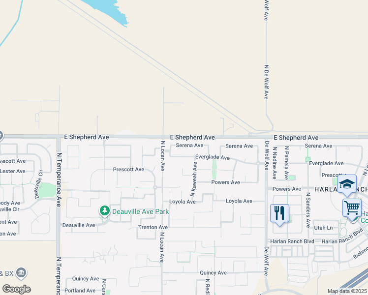 map of restaurants, bars, coffee shops, grocery stores, and more near 3080 Serena Avenue in Clovis