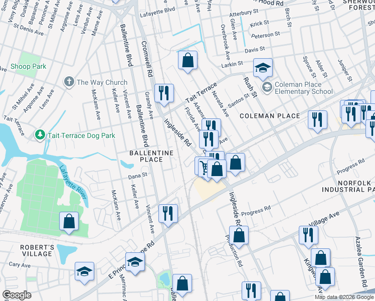 map of restaurants, bars, coffee shops, grocery stores, and more near 2427 Ingleside Road in Norfolk