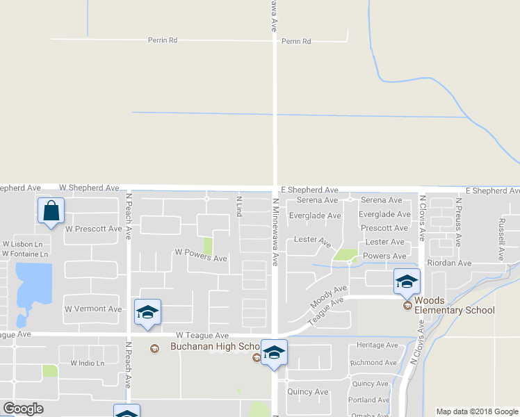 map of restaurants, bars, coffee shops, grocery stores, and more near 43 West Everglade Avenue in Clovis