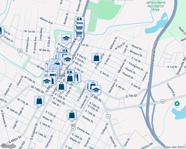 map of restaurants, bars, coffee shops, grocery stores, and more near 605 East 4th Street in Hopkinsville