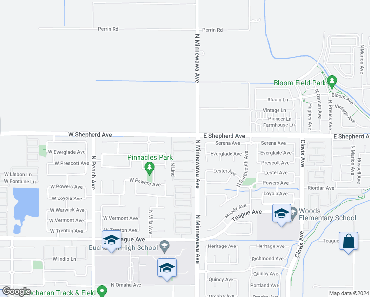 map of restaurants, bars, coffee shops, grocery stores, and more near 53 West Everglade Avenue in Clovis