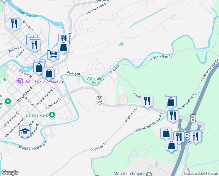 map of restaurants, bars, coffee shops, grocery stores, and more near 700 Taggart Avenue in Big Stone Gap