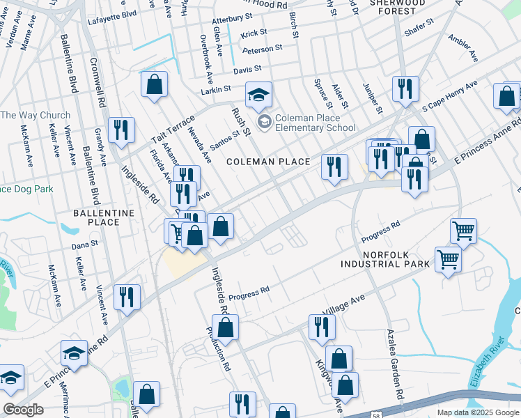 map of restaurants, bars, coffee shops, grocery stores, and more near 1530 Minnesota Avenue in Norfolk