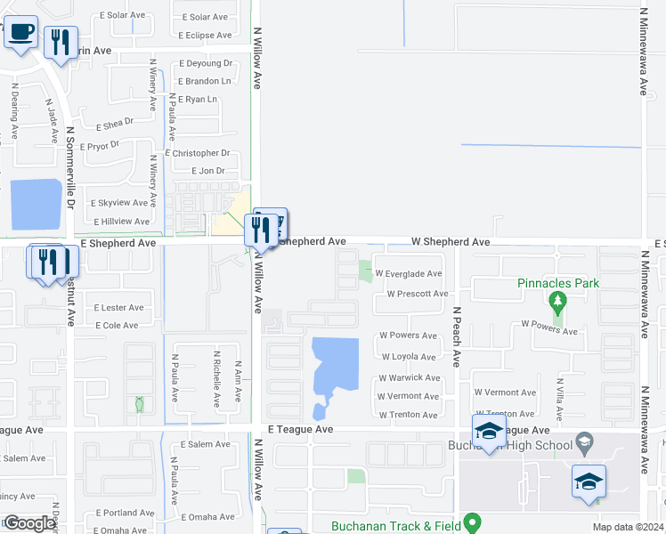 map of restaurants, bars, coffee shops, grocery stores, and more near 1960 North Tuscany Lane in Clovis