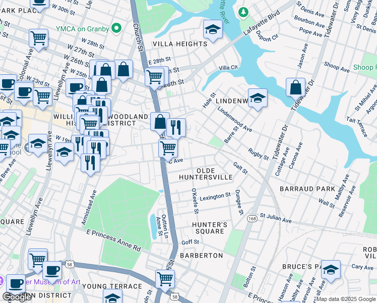 map of restaurants, bars, coffee shops, grocery stores, and more near 1813 O'Keefe Street in Norfolk