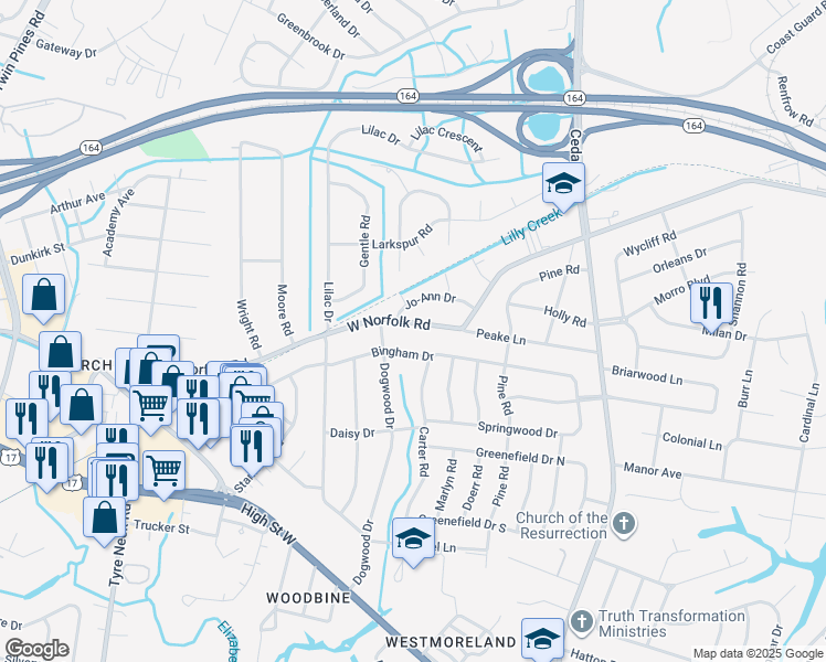 map of restaurants, bars, coffee shops, grocery stores, and more near 5421 West Norfolk Road in Portsmouth