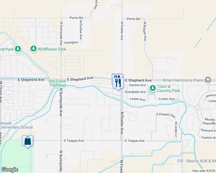 map of restaurants, bars, coffee shops, grocery stores, and more near 1684 Glen Dunbar Lane in Clovis