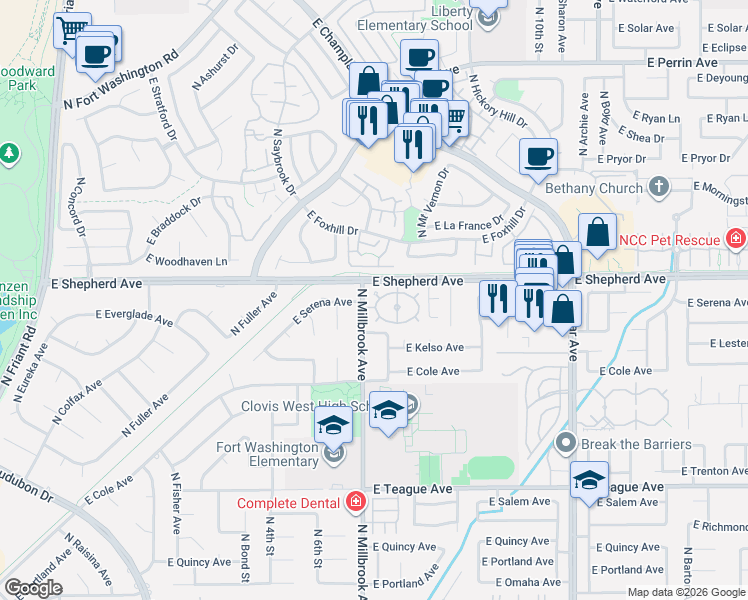 map of restaurants, bars, coffee shops, grocery stores, and more near 8927 North Millbrook Avenue in Fresno