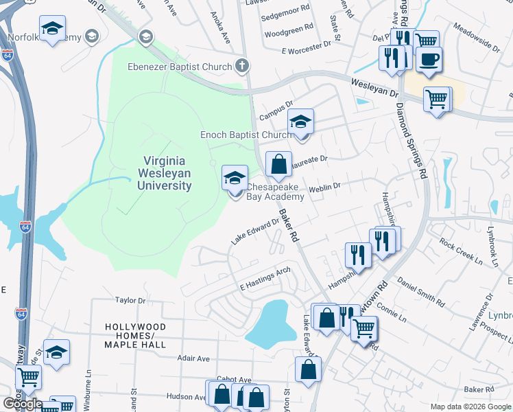 map of restaurants, bars, coffee shops, grocery stores, and more near 5741 University Place in Virginia Beach