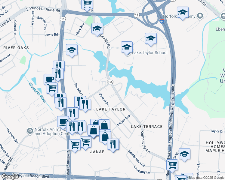 map of restaurants, bars, coffee shops, grocery stores, and more near 1276 Kempsville Road in Norfolk