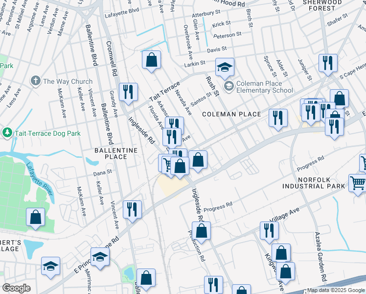 map of restaurants, bars, coffee shops, grocery stores, and more near 2304 Florida Avenue in Norfolk