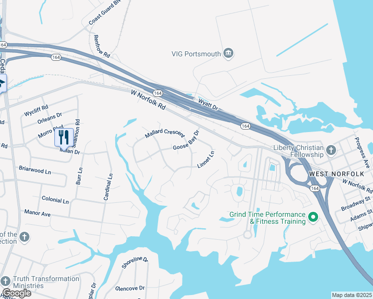 map of restaurants, bars, coffee shops, grocery stores, and more near 4513 Mallard Crescent in Portsmouth