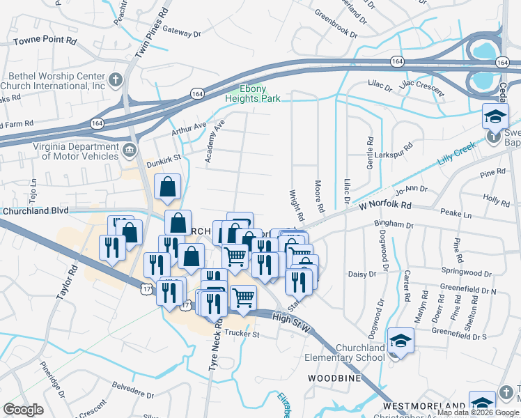 map of restaurants, bars, coffee shops, grocery stores, and more near 5809 Arden Street in Portsmouth
