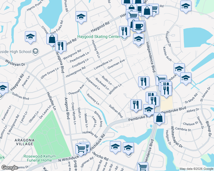 map of restaurants, bars, coffee shops, grocery stores, and more near 852 Rockwell Lane in Virginia Beach