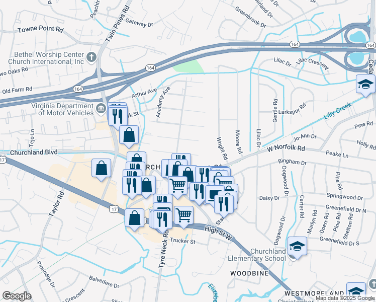 map of restaurants, bars, coffee shops, grocery stores, and more near 5808 Arden Street in Portsmouth