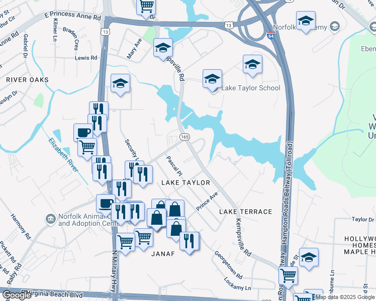 map of restaurants, bars, coffee shops, grocery stores, and more near 1276 Kempsville Road in Norfolk