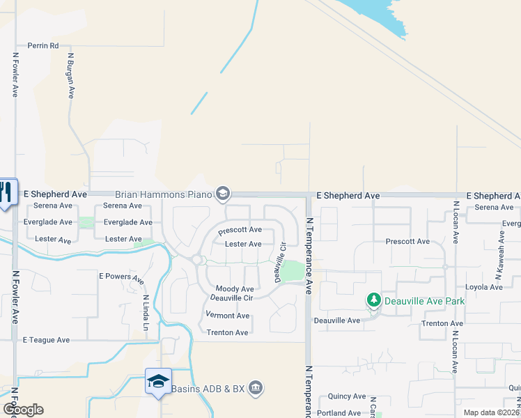 map of restaurants, bars, coffee shops, grocery stores, and more near 2403 Deauville Circle in Clovis