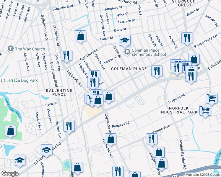 map of restaurants, bars, coffee shops, grocery stores, and more near 3501 Cape Henry Avenue in Norfolk