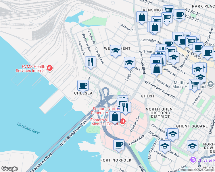 map of restaurants, bars, coffee shops, grocery stores, and more near 1106 Raleigh Avenue in Norfolk