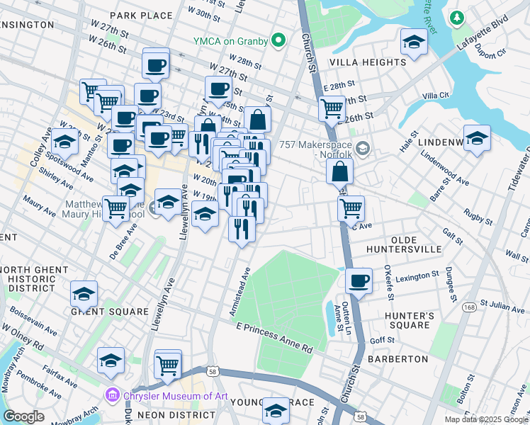 map of restaurants, bars, coffee shops, grocery stores, and more near 1900 Monticello Avenue in Norfolk