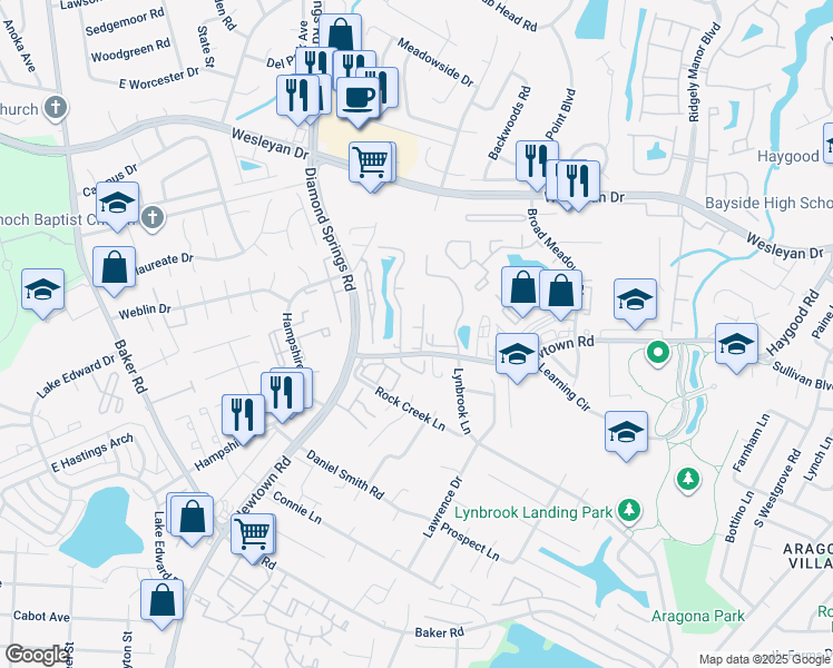 map of restaurants, bars, coffee shops, grocery stores, and more near 5500 Mathis Place in Virginia Beach