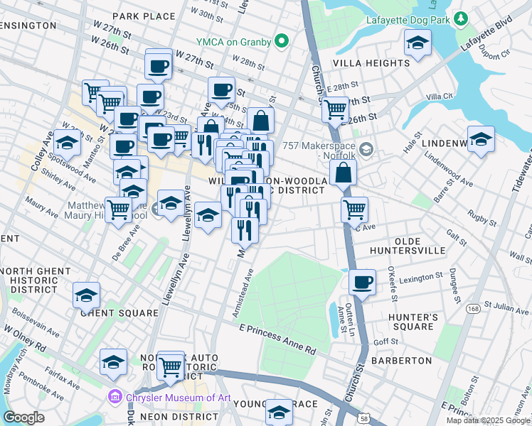 map of restaurants, bars, coffee shops, grocery stores, and more near 1900 Monticello Avenue in Norfolk