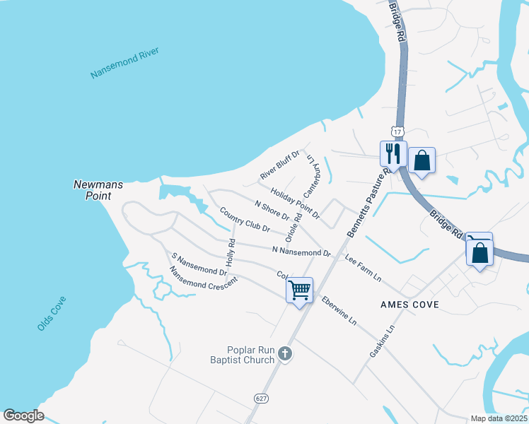 map of restaurants, bars, coffee shops, grocery stores, and more near 2845 North Shore Drive in Suffolk