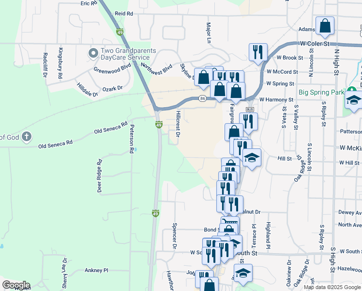 map of restaurants, bars, coffee shops, grocery stores, and more near 253 Hillcrest Drive in Neosho