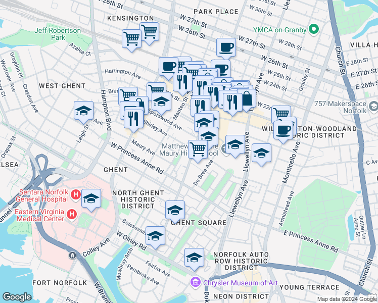 map of restaurants, bars, coffee shops, grocery stores, and more near 1413 Colonial Avenue in Norfolk