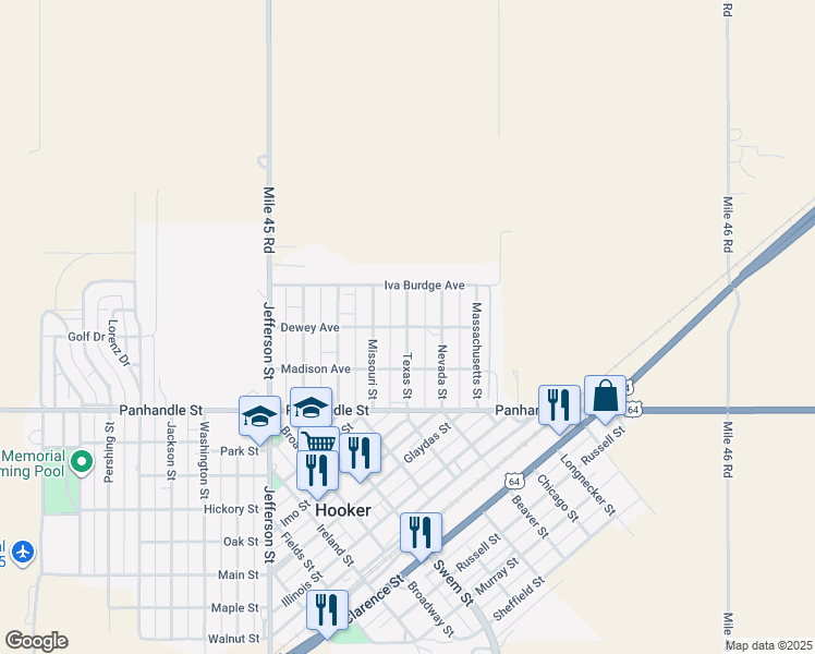 map of restaurants, bars, coffee shops, grocery stores, and more near Texas Street in Hooker