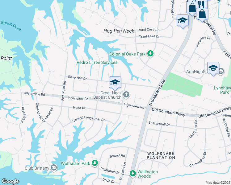 map of restaurants, bars, coffee shops, grocery stores, and more near 2344 Inlynnview Road in Virginia Beach