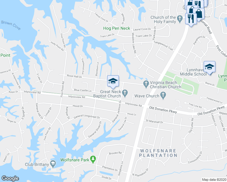 map of restaurants, bars, coffee shops, grocery stores, and more near 2344 Inlynnview Road in Virginia Beach