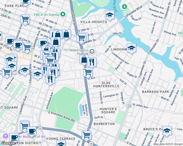 map of restaurants, bars, coffee shops, grocery stores, and more near 736 C Avenue in Norfolk