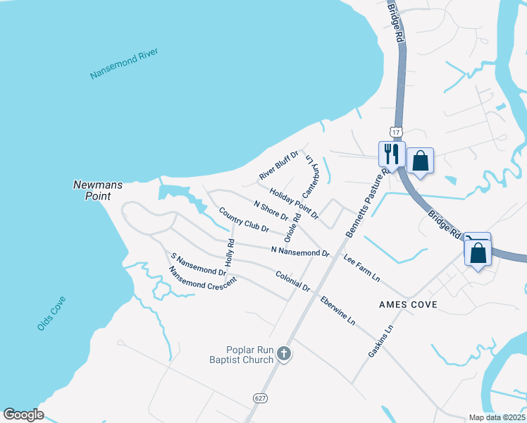 map of restaurants, bars, coffee shops, grocery stores, and more near 2845 North Shore Drive in Suffolk