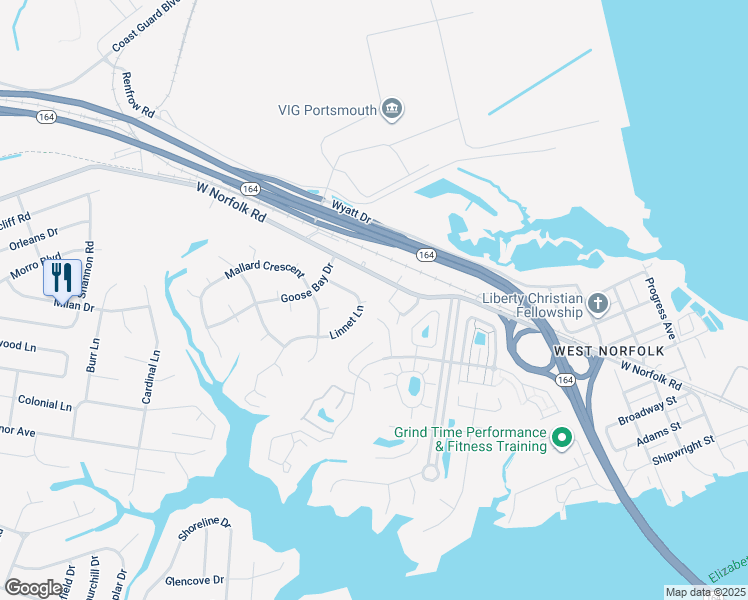 map of restaurants, bars, coffee shops, grocery stores, and more near 3709 Bittern Court in Portsmouth