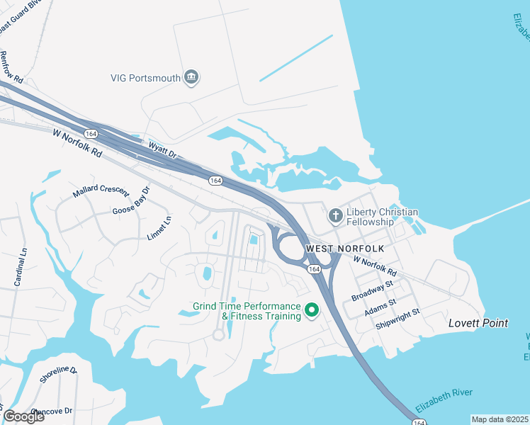 map of restaurants, bars, coffee shops, grocery stores, and more near 4207 Gail Court in Portsmouth